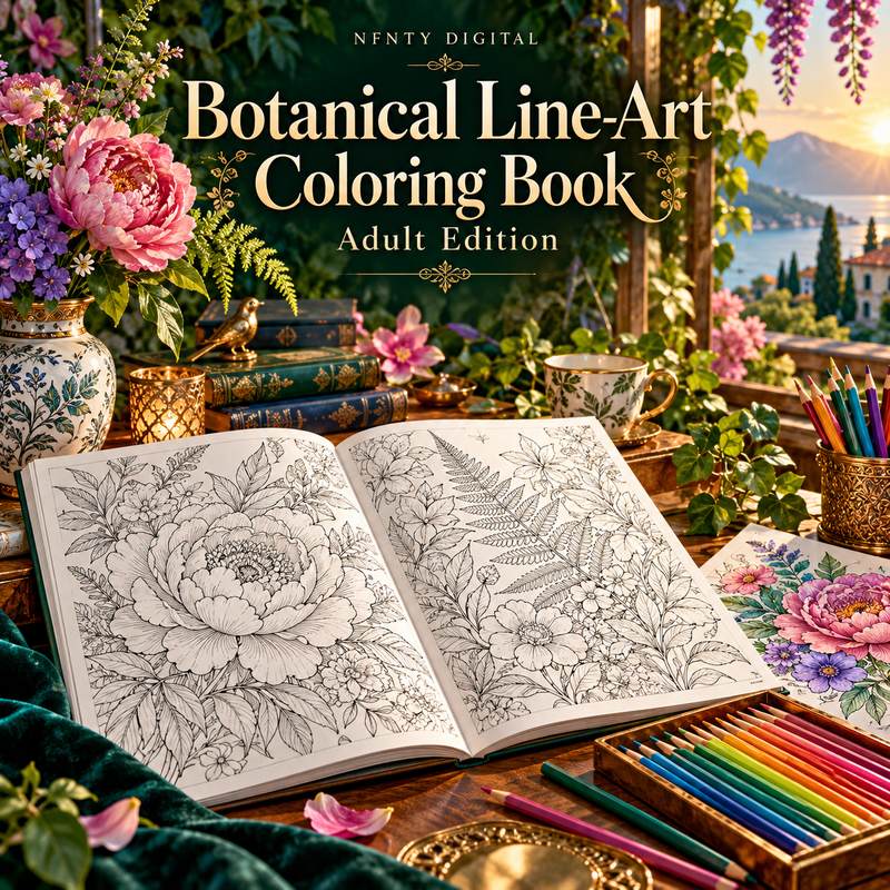 Botanical Line-Art Coloring Book for Adults — Stress Relief Edition