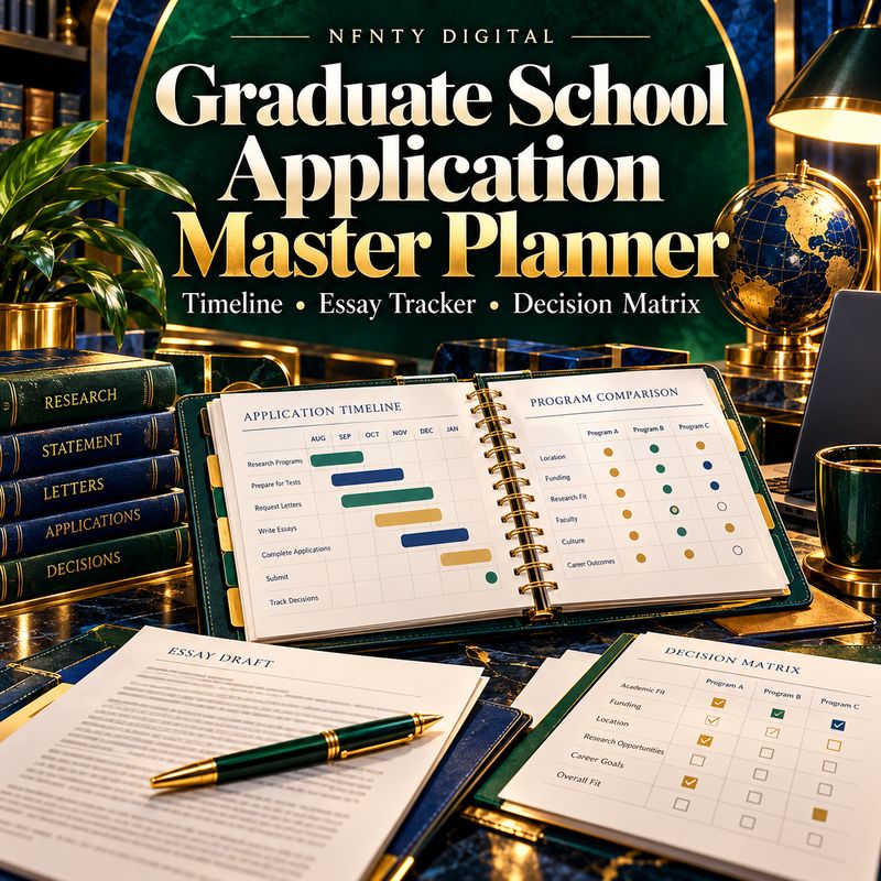 Graduate School Application Master Planner — Timeline, Essay Tracker & Decision Matrix