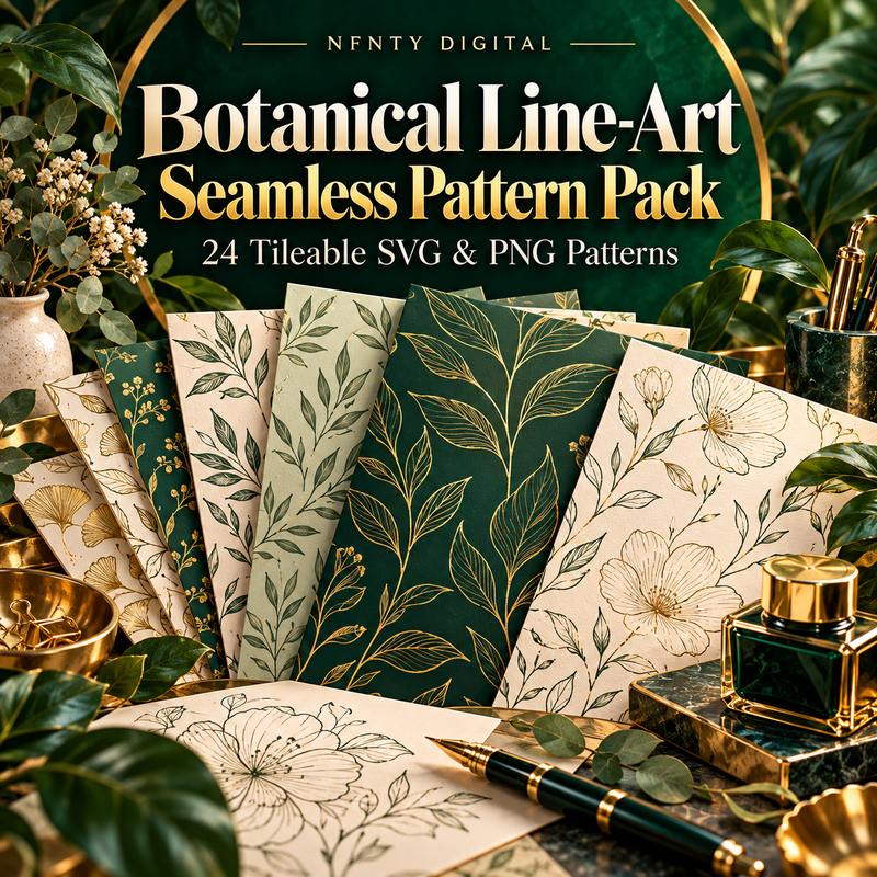 Botanical Line-Art Seamless Pattern Pack — 24 Tileable SVG & PNG Patterns for Surface Designers